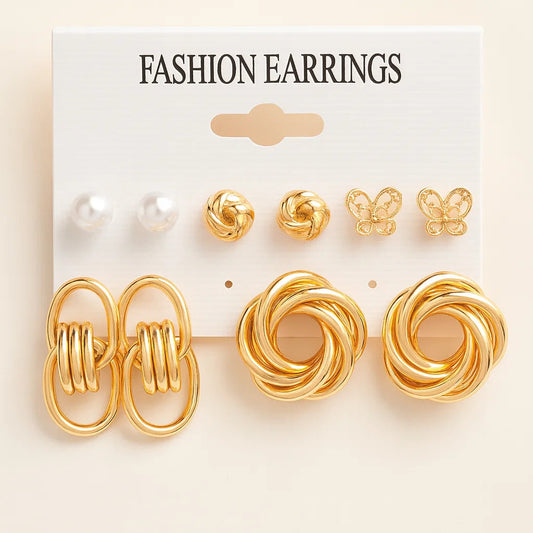 Women’s "Golden Radiance" 5-Pair Intricate Earring Set