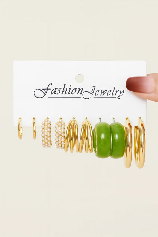 Women’s "Verdant Gold" 5-Pair Hoop & Pearl Earring Set