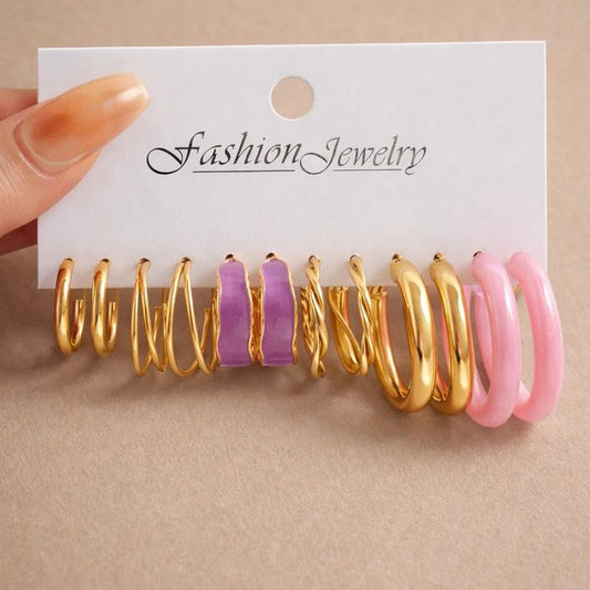 Golden Hue & Candy Resin 6-Pair Hoop Set