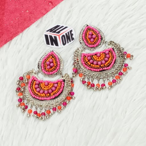 Oxidized Silver Chandbali Seed Bead Earring