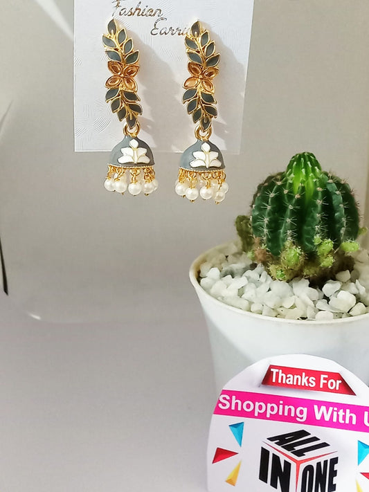Grey Enamel Floral Vine Jhumka Earrings