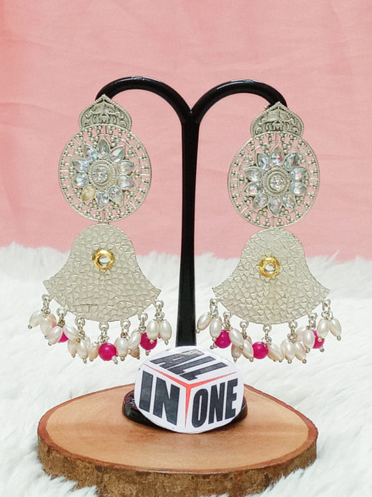 Antique Silver Oxidized Floral Drop Earrings with Pink Beads