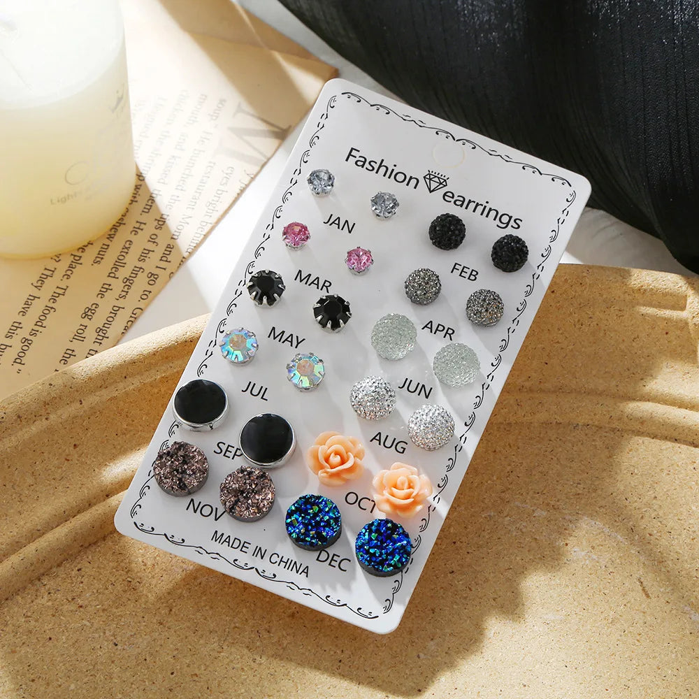 12 Pairs Assorted Crystals Druzy Stone Resin Stone Round Stud Earrings Set