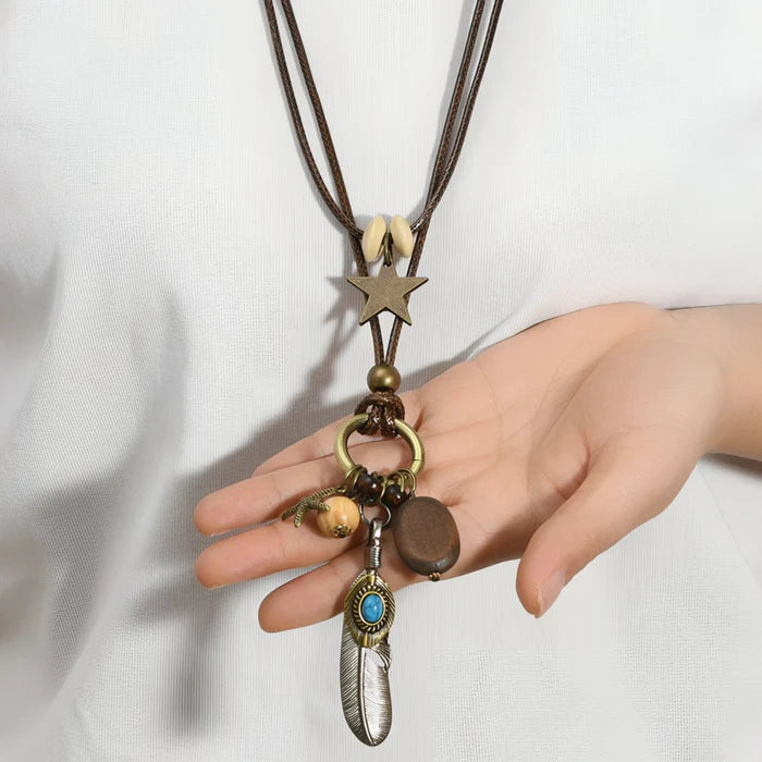 Feather Star Oval Wooden Necklace