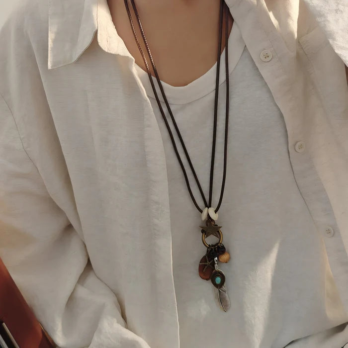 Feather Star Oval Wooden Necklace