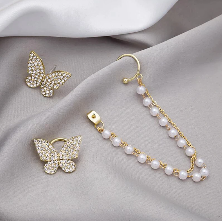 Korean Fashionable Asymmetrical Pearl Rhinestone Butterfly Ear Cuff