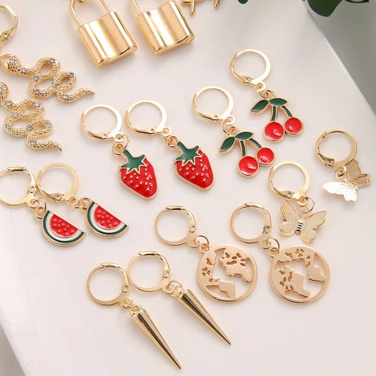 Combo of 9 Pair Fruit Animal Earth and Lock Earrings
