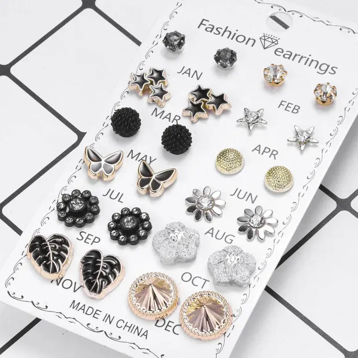 Ear Rings Set 12 Pairs Stylish and Small metal Stud