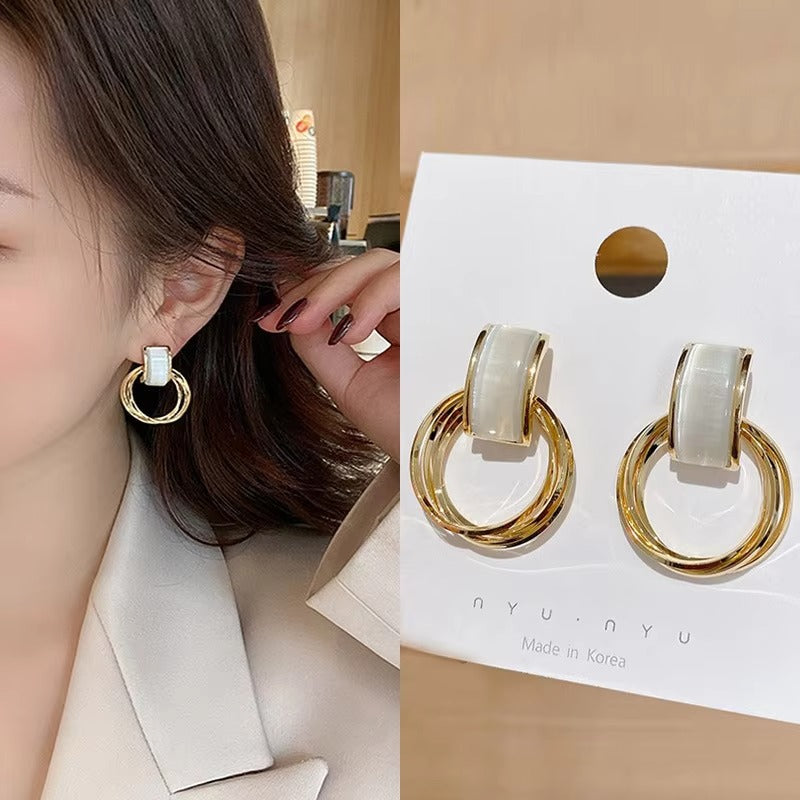 Geometric Circle Opal Stud Earrings