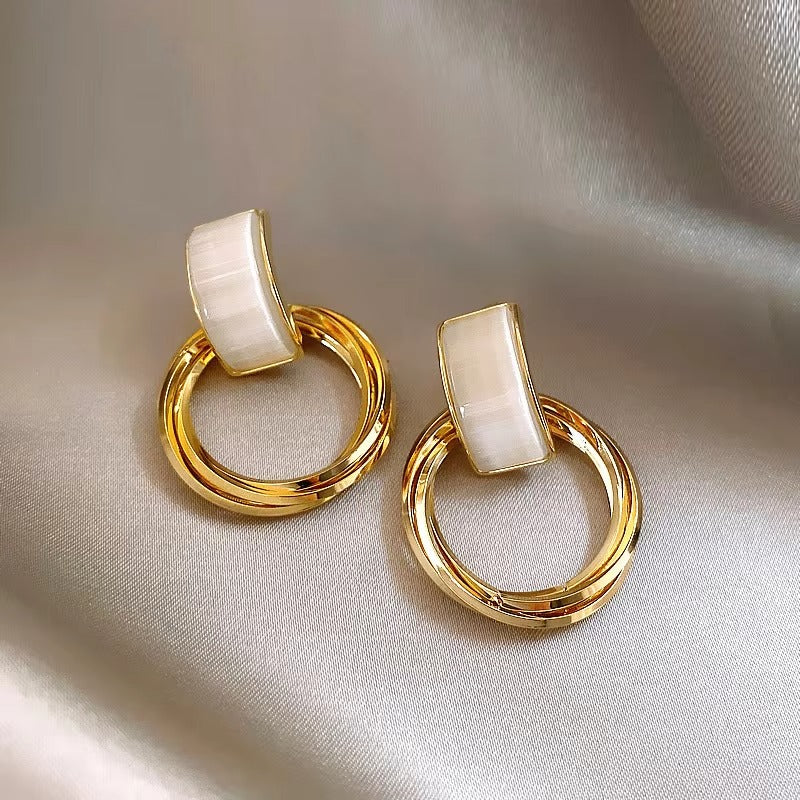 Geometric Circle Opal Stud Earrings