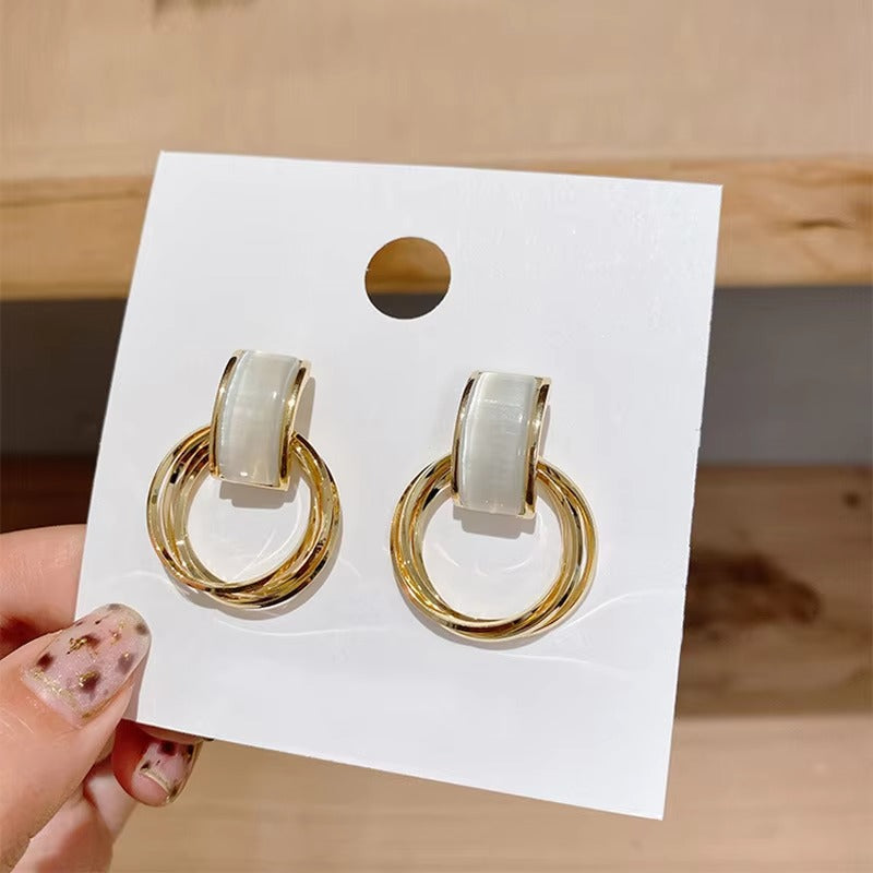 Geometric Circle Opal Stud Earrings