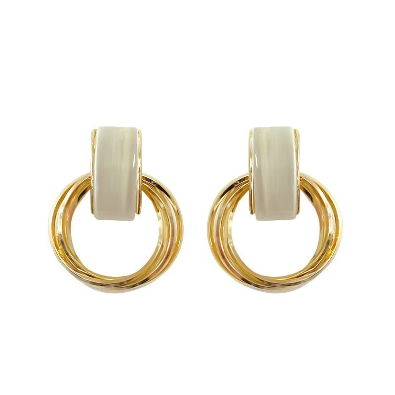 Geometric Circle Opal Stud Earrings