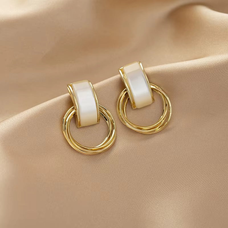 Geometric Circle Opal Stud Earrings