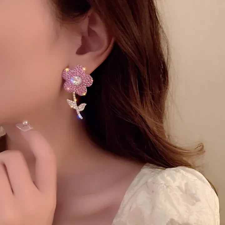 Delicate Full Pink Flower Earrings