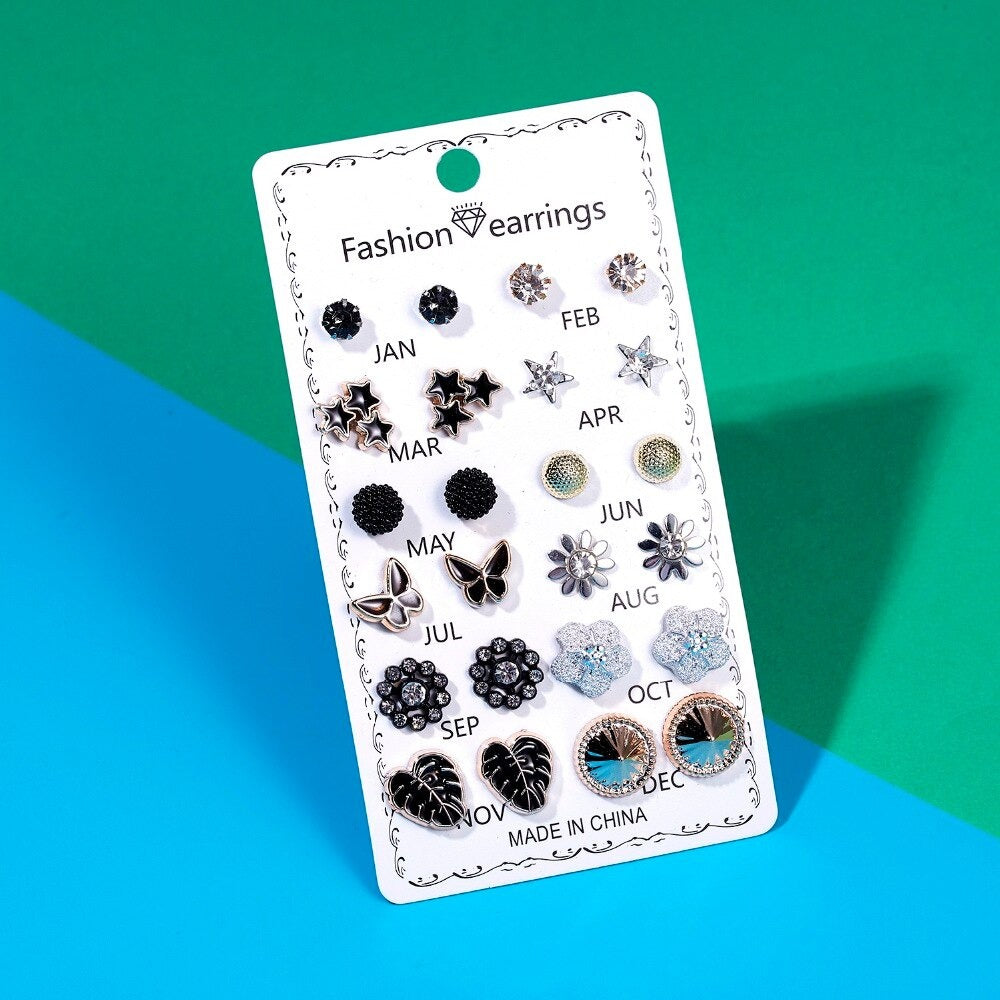 Ear Rings Set 12 Pairs Stylish and Small metal Stud