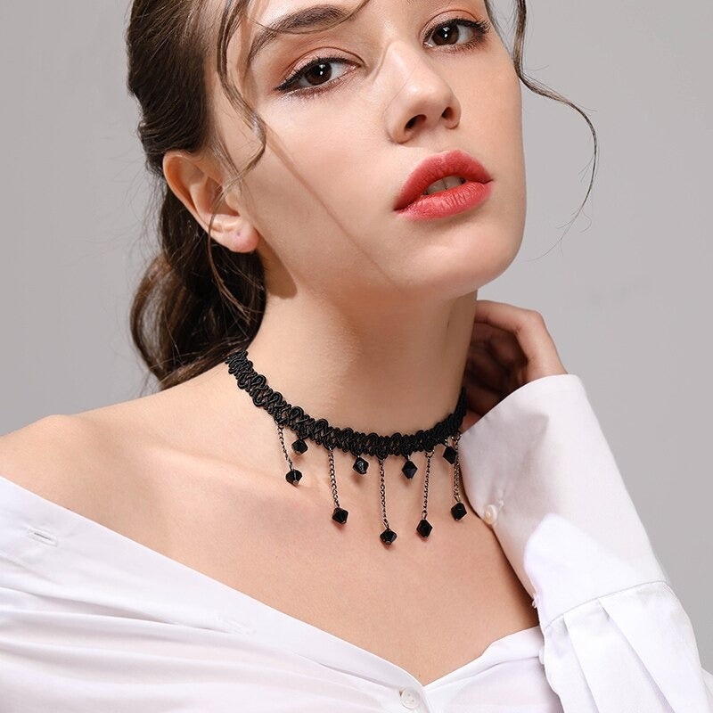Black Flower Rhinestone Choker