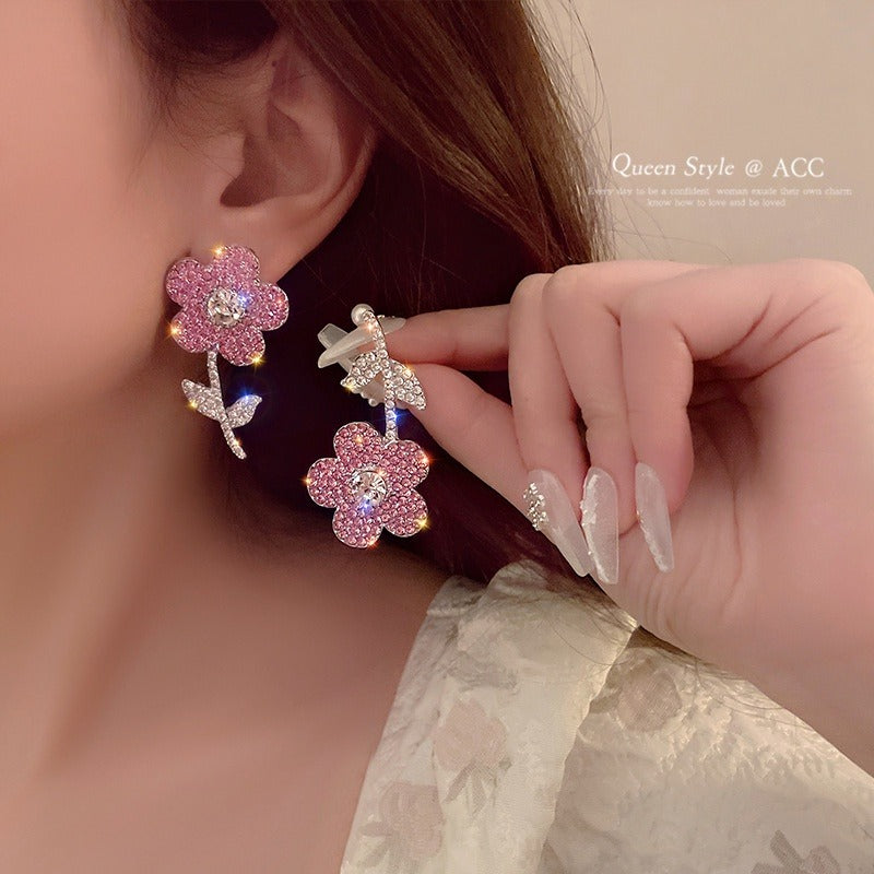Delicate Full Pink Flower Earrings