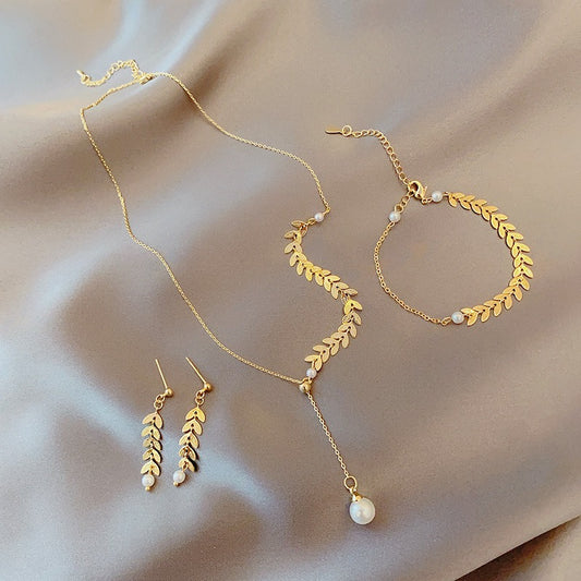 Simple Wheat Ear Pearl Bracelet Necklace Earrings Jewelry Set