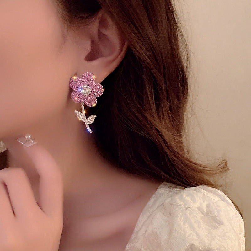 Delicate Full Pink Flower Earrings