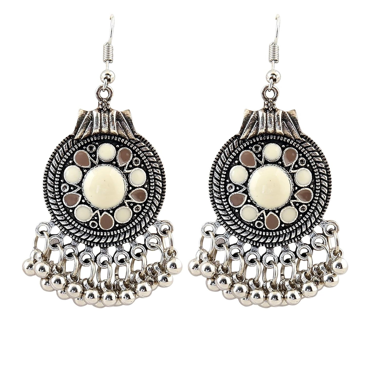 Antique Silver Tribal Jhumka Earrings with Enamel Inlay