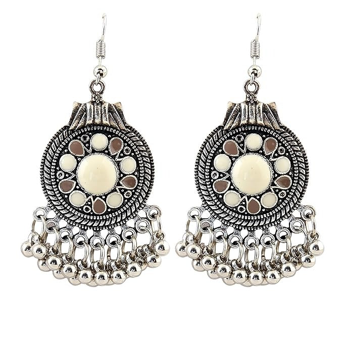 Antique Silver Tribal Jhumka Earrings with Enamel Inlay