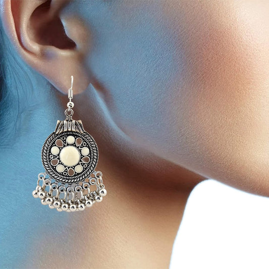 Antique Silver Tribal Jhumka Earrings with Enamel Inlay