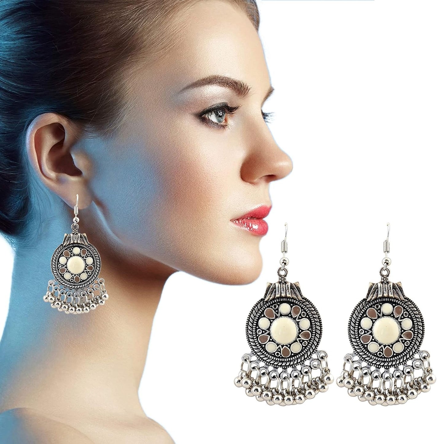 Antique Silver Tribal Jhumka Earrings with Enamel Inlay