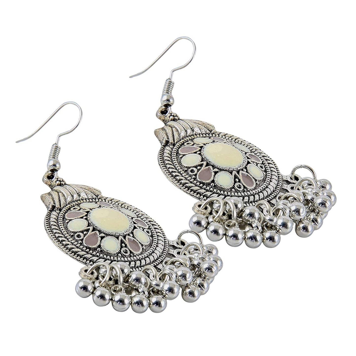 Antique Silver Tribal Jhumka Earrings with Enamel Inlay