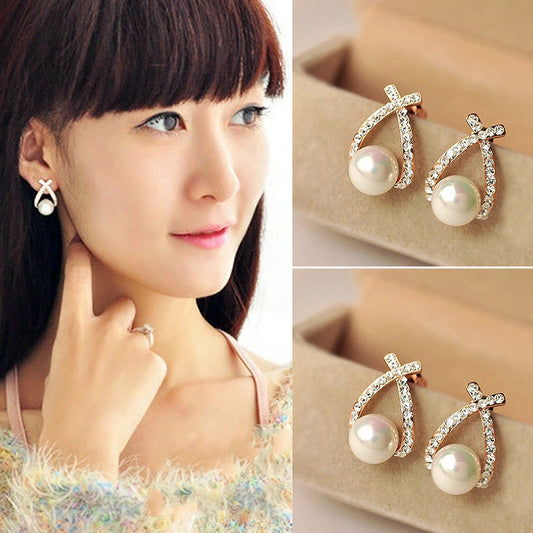 Crystal Rhinestone Pearl Ear Stud Earring